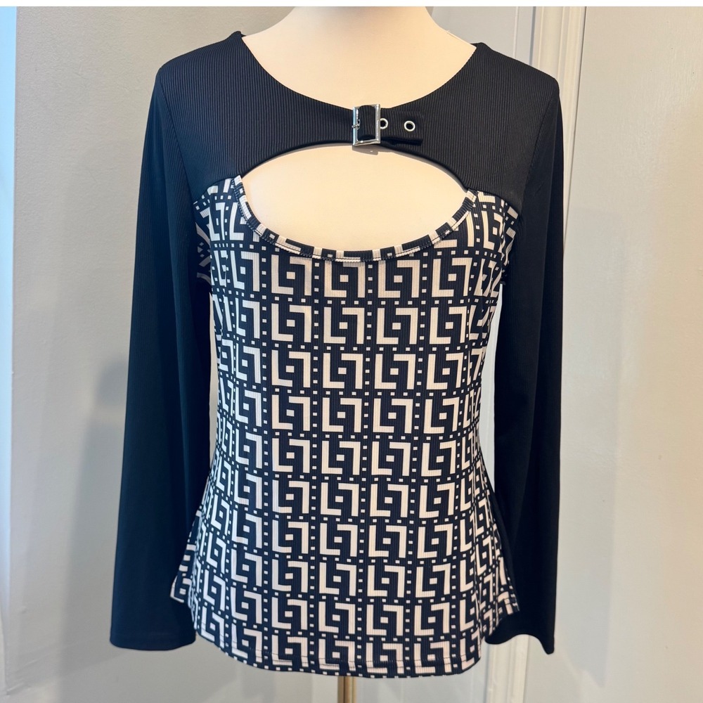 CHICME Black Belt Buckle Neck Long Sleeve Top Geometric Cutout | Size XL NWT